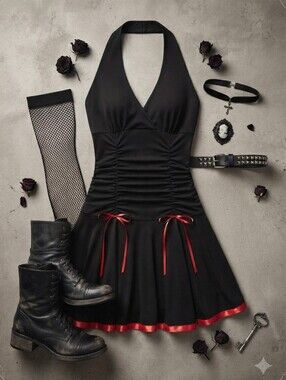 Y2K Taboo Black Halter Dress with Red Trim and Bows